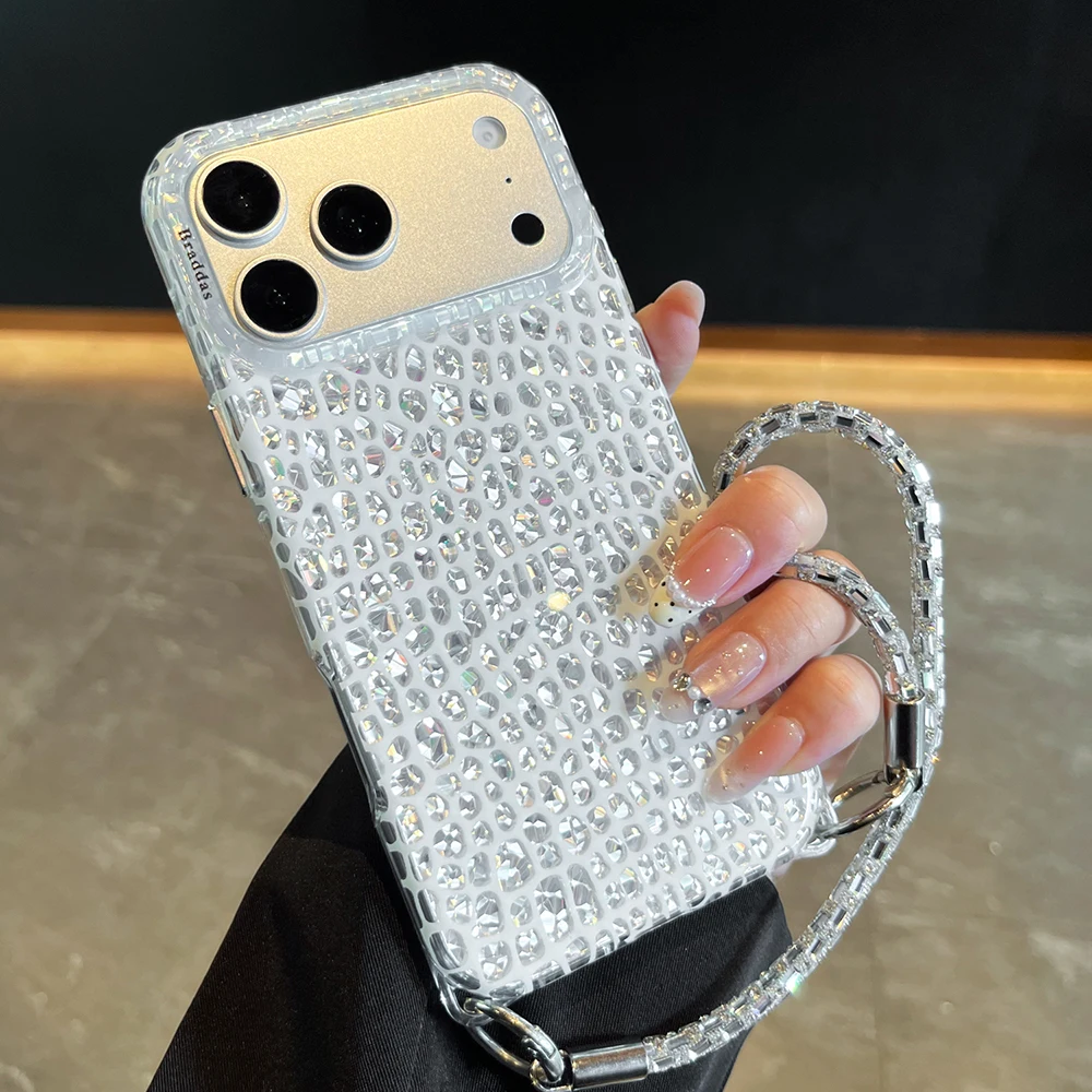 Glitzernde Schlangenmuster-Handyhülle mit Bling-Effekt, stoßfest, für iPhone 17 Pro Max, 18, 15, 16, 17 Pro Max, glänzende Schutzhülle mit Armband