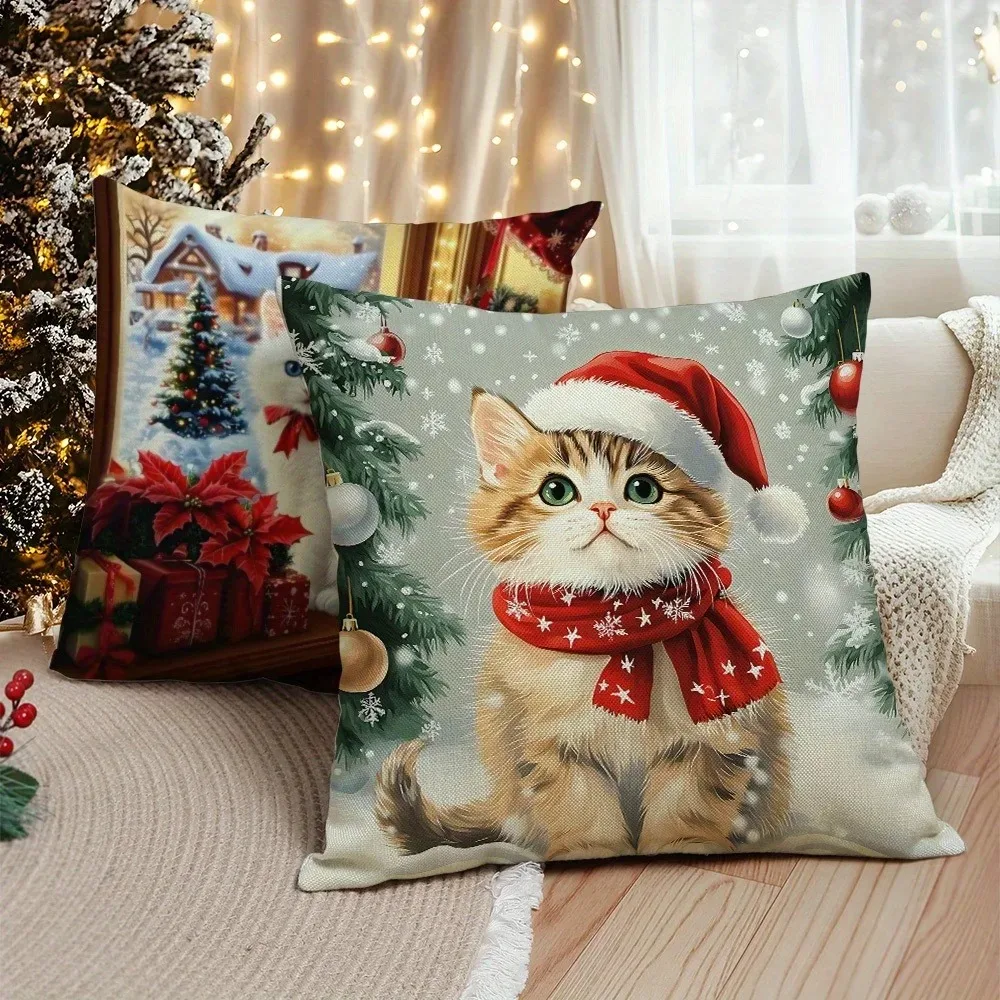 1pc Christmas Cat Pillowcases: Adorable Kittens in Festive Attire Sofa room cushion cover home decoration new year gift