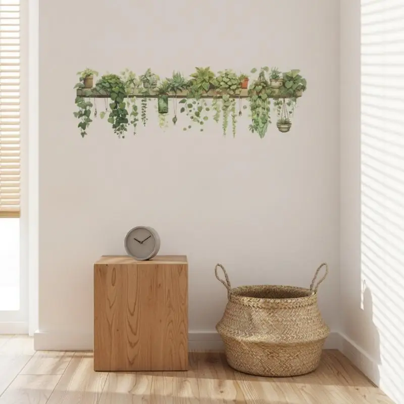 Botanical Potted Green Plant Wall Sticker Hanging Vine Shelf Decal For Living Room Bedroom Home Wall Ornament