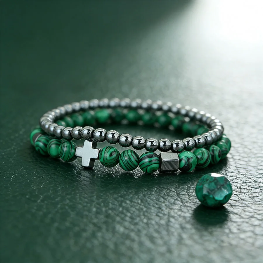 2Pcs Hematite Cross Bracelet Set Malachite Obsidian Beads Stretch Stackable Women Men Punk Jewelry Elastic Charm Handmade Gift