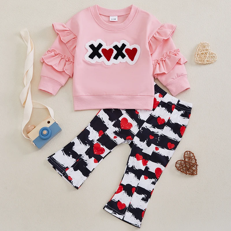 Baby Boys Valentines Day Outfits Heart Print Long Sleeve T-shirt and Denim Pants Set Toddler Adorable Clothes for Love Day