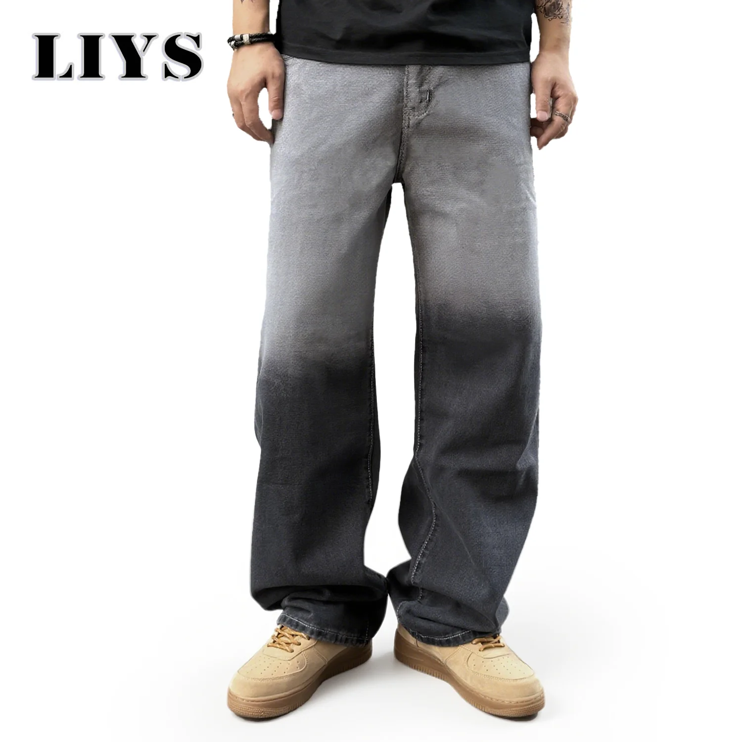 

American Style Men's Denim Pants Washing Tie Dye Design Straight Loose Gradient Color Wide Leg Male Jeans Streetwear Clothing