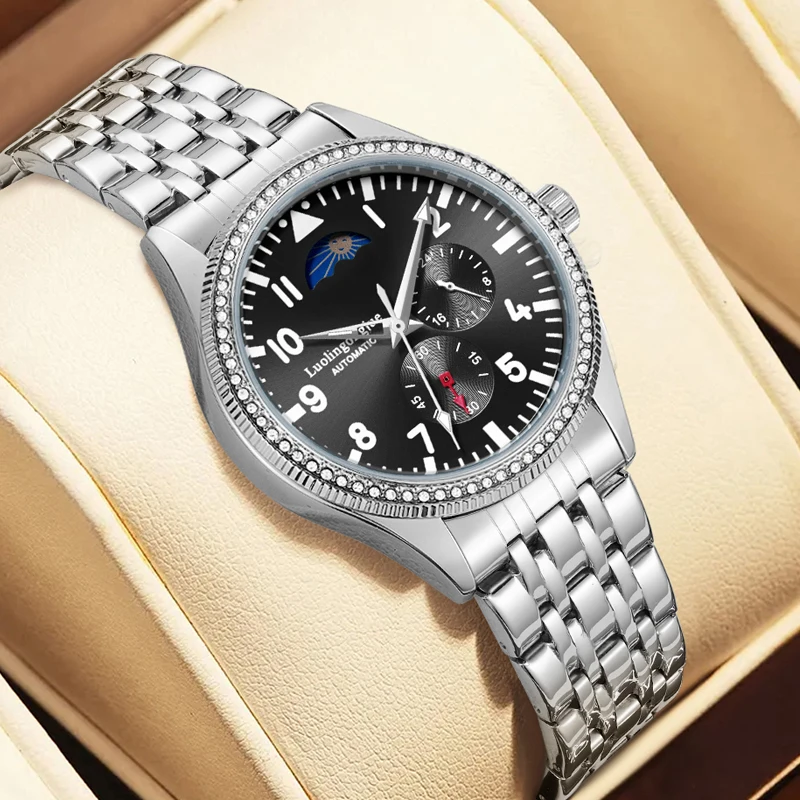 

New Genuine High-End Business Men's Mechanical Watch, Round Dial, Automatic Winding, Skeleton Design, Stainless Steel Strap, Multi-Function Sub-Dials, European and American Style, Fashionable Accessory, Suitable for Business and Casual Wear, the Best Gift