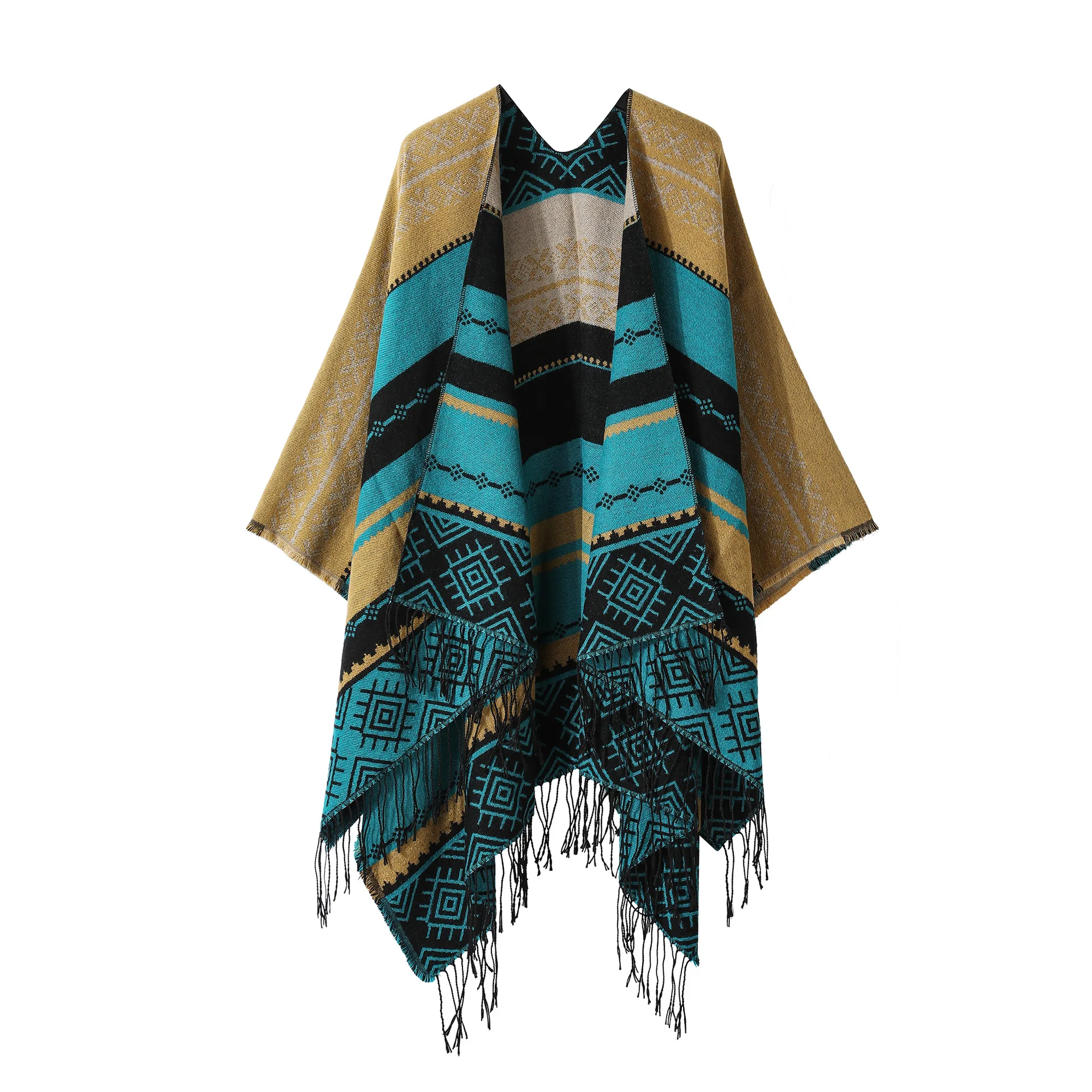 Poncho Bohemian Geometric Tassel Split Shawl Cape Travel Scarf Double-sided Cloak Imitation Cashmere Women Coat Khaki