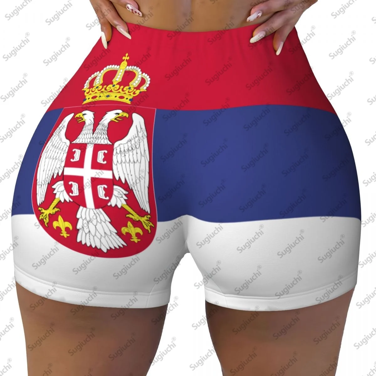 

2026 Сербии Флаг Шорты для йоги для женщин Тренировки Скранч Подтяжка ягодиц Высокая талия Тренажерный зал Короткие брюки для бега