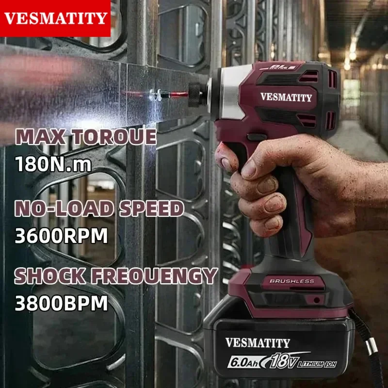 Vesmatity DTD173 Brushless 1800RPM Impact Driver 180Nm T-Mode Cordless Heavy Duty Drill 18V 20V Battery Max Unit HD Pro
