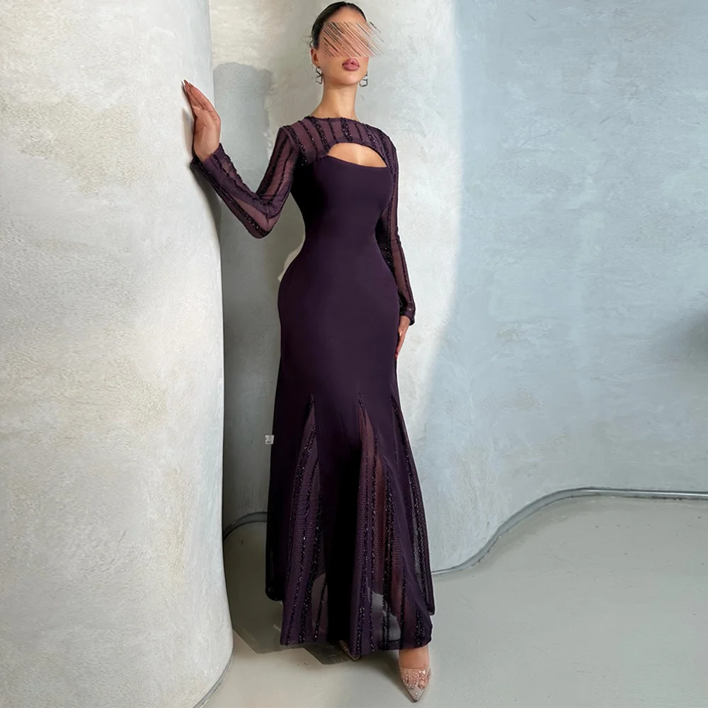 

Purple Jersey Mermaid Evening Dress Customized O-Neck Long Sleeves Homecoming Dresses Sparkly Sequined Bespoke Occasion Gowns