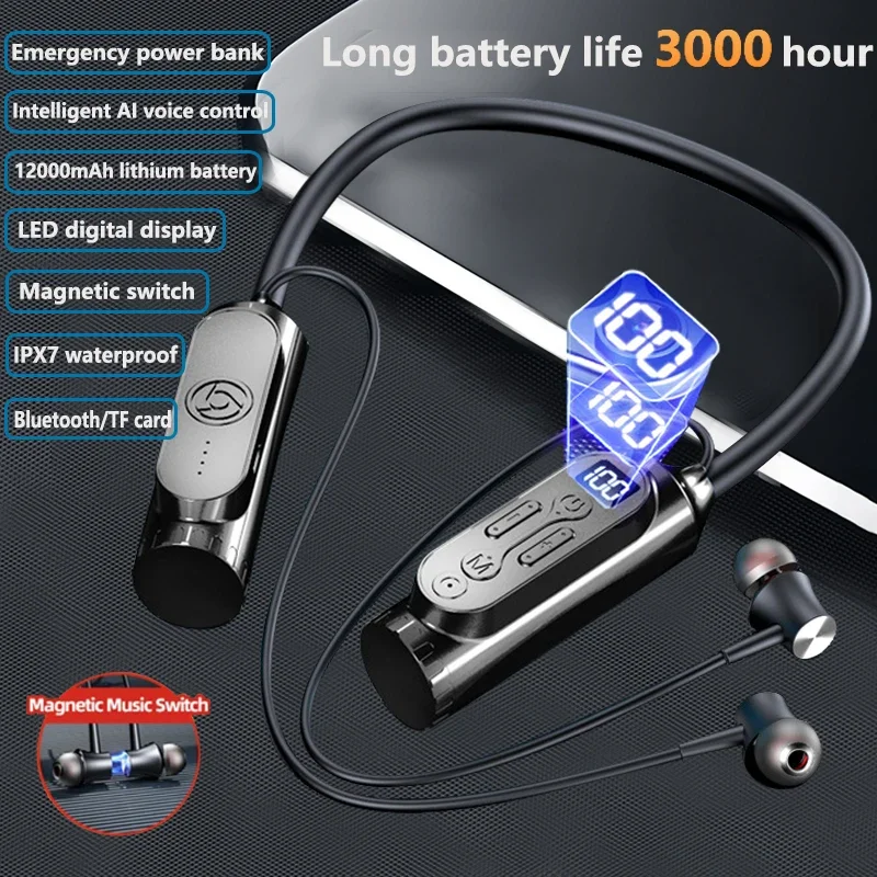 

New Wireless Bluetooth Earphones Outdoor Sports Headset LED Display Intelligent AI Voice Control Magnetic Neckband Headphones