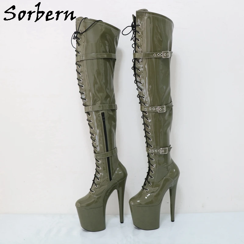 Sorbern Amy Green Women Pole Dance Boots For Pole Dancer Multi Strap Round Toe Stripper High Heel 20Cm Boot Custom Wide Leg