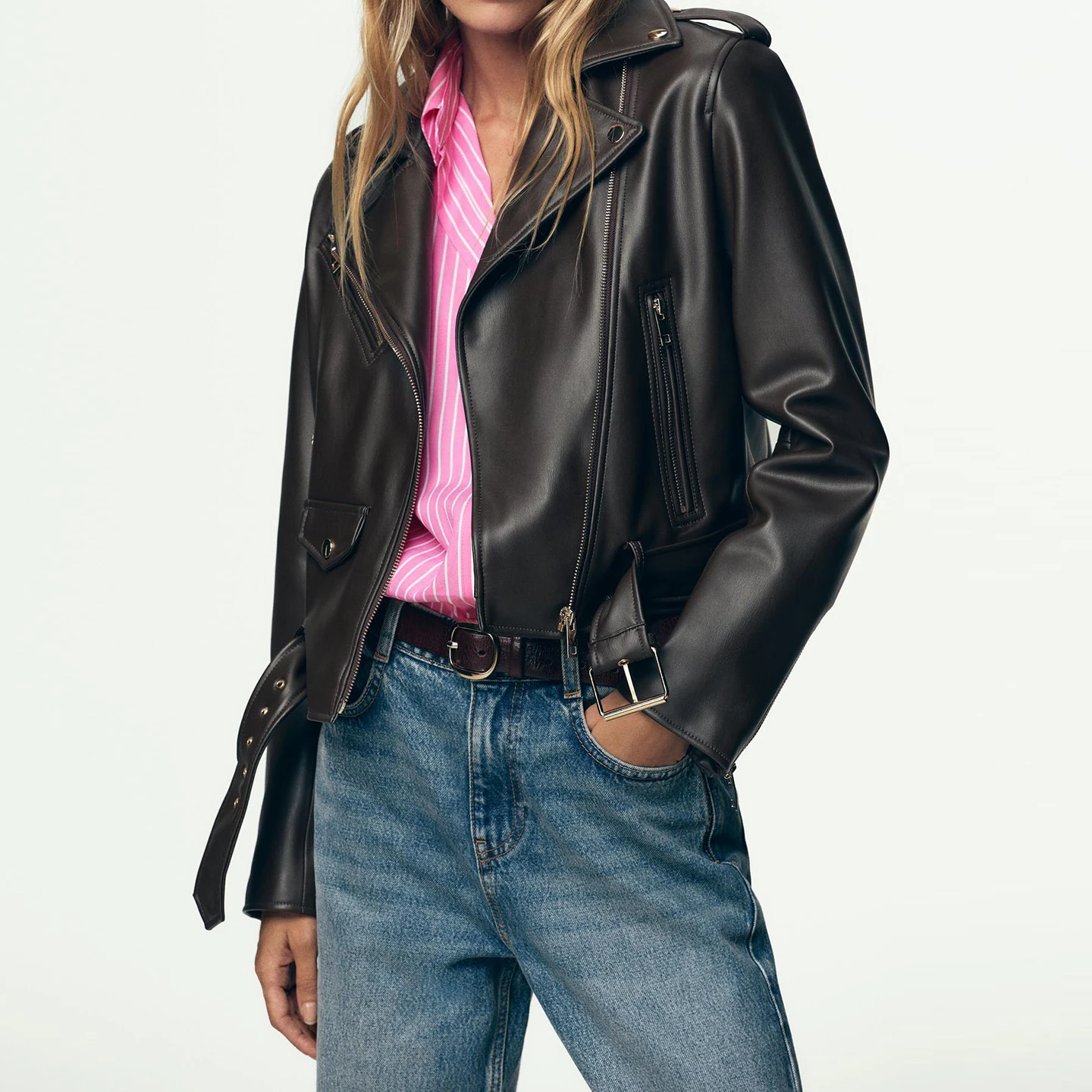 Faionable دراجة نارية Sle بو الجلود Jaet المرأة الخريف وصول جديد Z عارضة الوقوف صالح طويل Sve سستة معطف