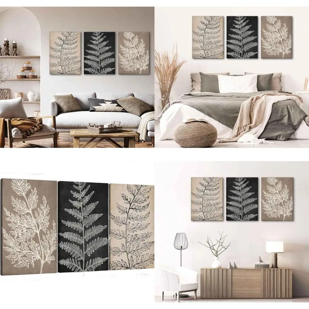 

Набор из 3-х минималистичных ботанических принтов на холсте: черно-коричневые папоротники для декора дома, офиса или фермерского дома