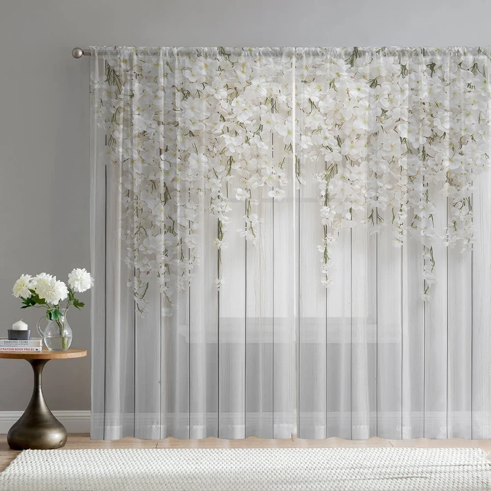 

2PCS White floral print window screens with rods and pockets, suitable for kitchens, cafes, and living rooms