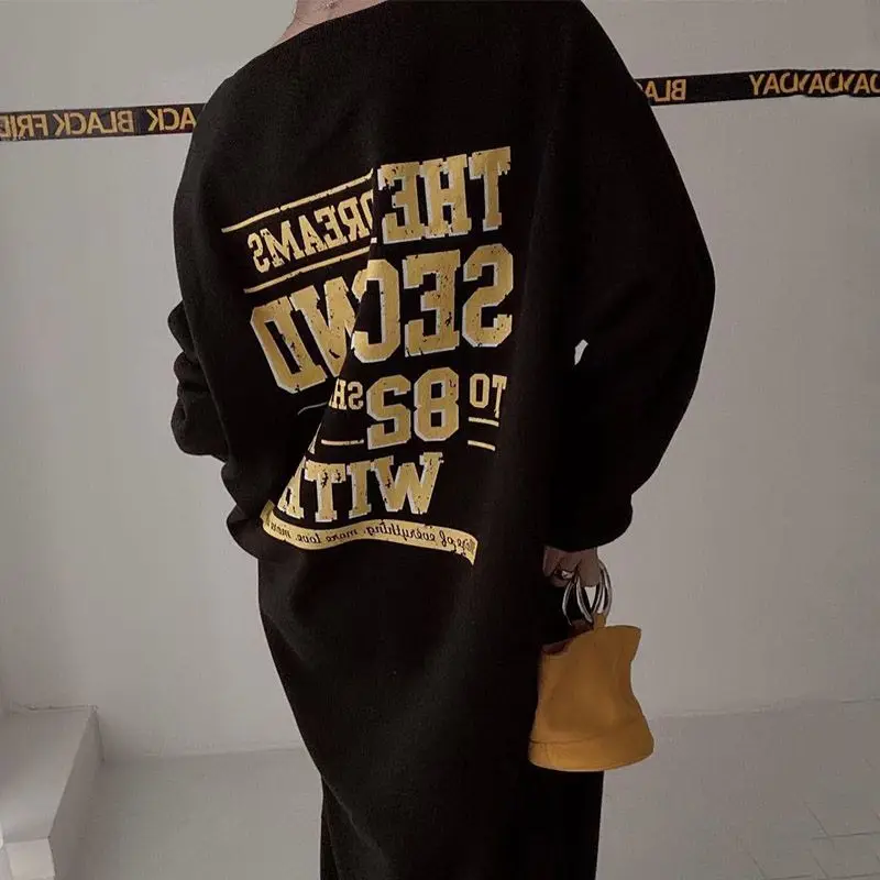 Casual Versatile Comfortable Commuting Lazy Style Square Collar Leaky Collar Bathroom Dress Autumn and Winter Loose Dress