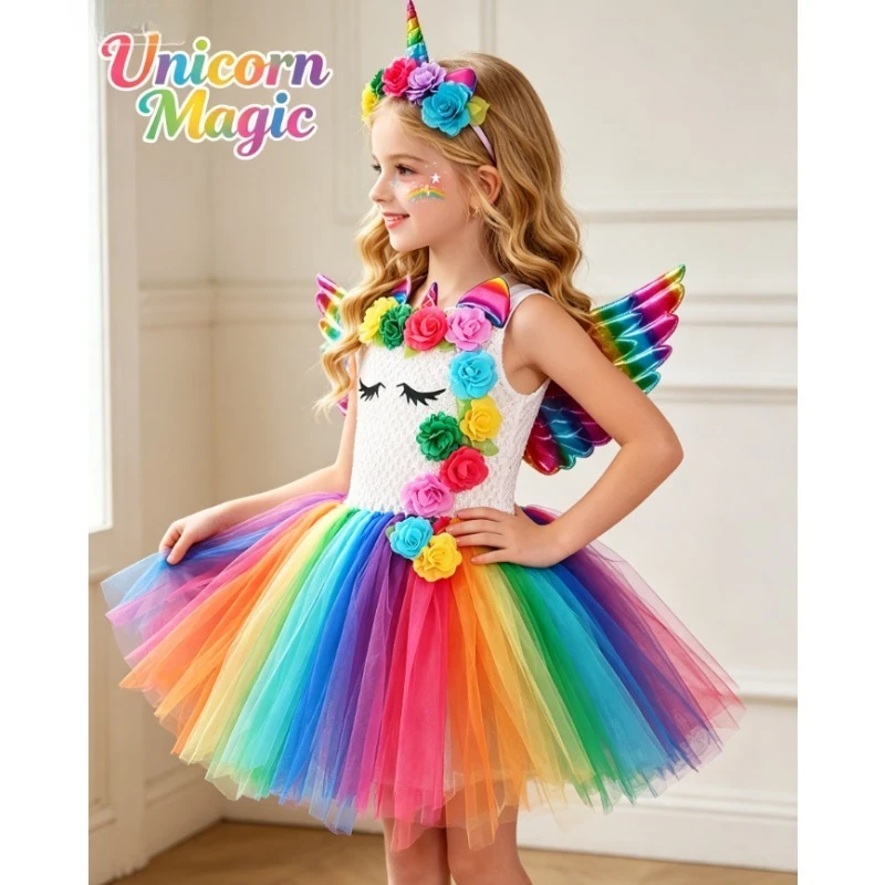 Unicorn Floral Tutu Dress With Wings Girls Fluffy Tulle Skirt Princess Outfit Halloween Carnival Party Holiday Costume Kid Dress