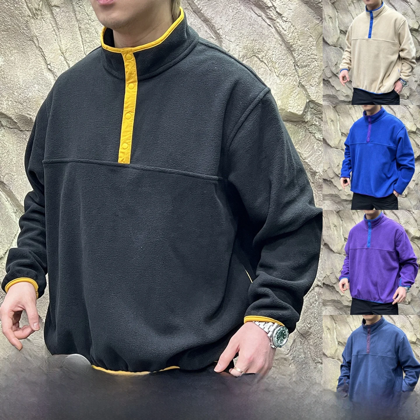 

Мужская толстовка с капюшоном на флисовой подкладке, свободного кроя, с винтажным воротником, внутренним карманом, из полиэстера, с длинными рукавами, теплая, повседневная, однотонная