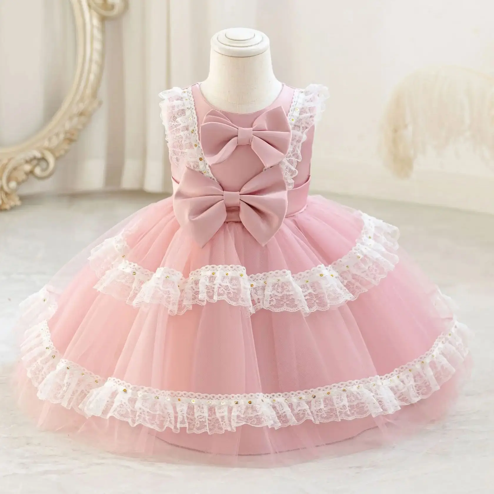 

Girls Sleeveless Lace Bow Lolita Tulle Princess Dress For Toddler Infant Baptism Wedding Birthday Party Pageant Formal Prom Gown