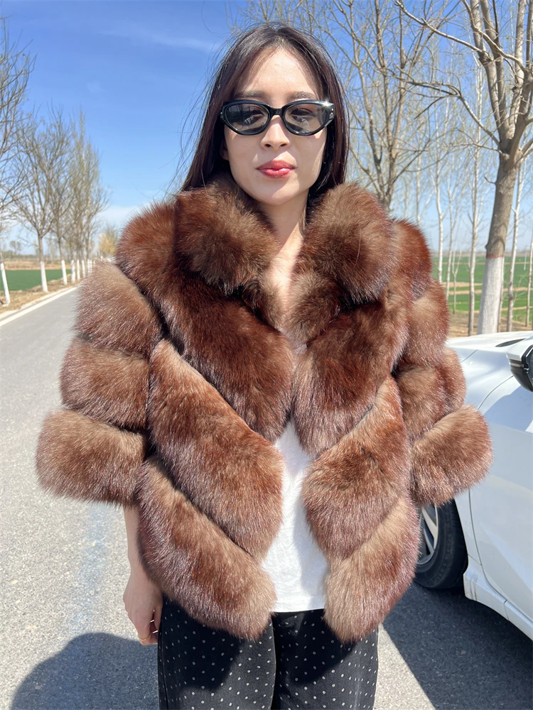 Real Fox Fur Jacket for Women, Luxury Genuine Fox Short Coat, Full Sleeves, Natural Plush, Red Fox Fur, Female