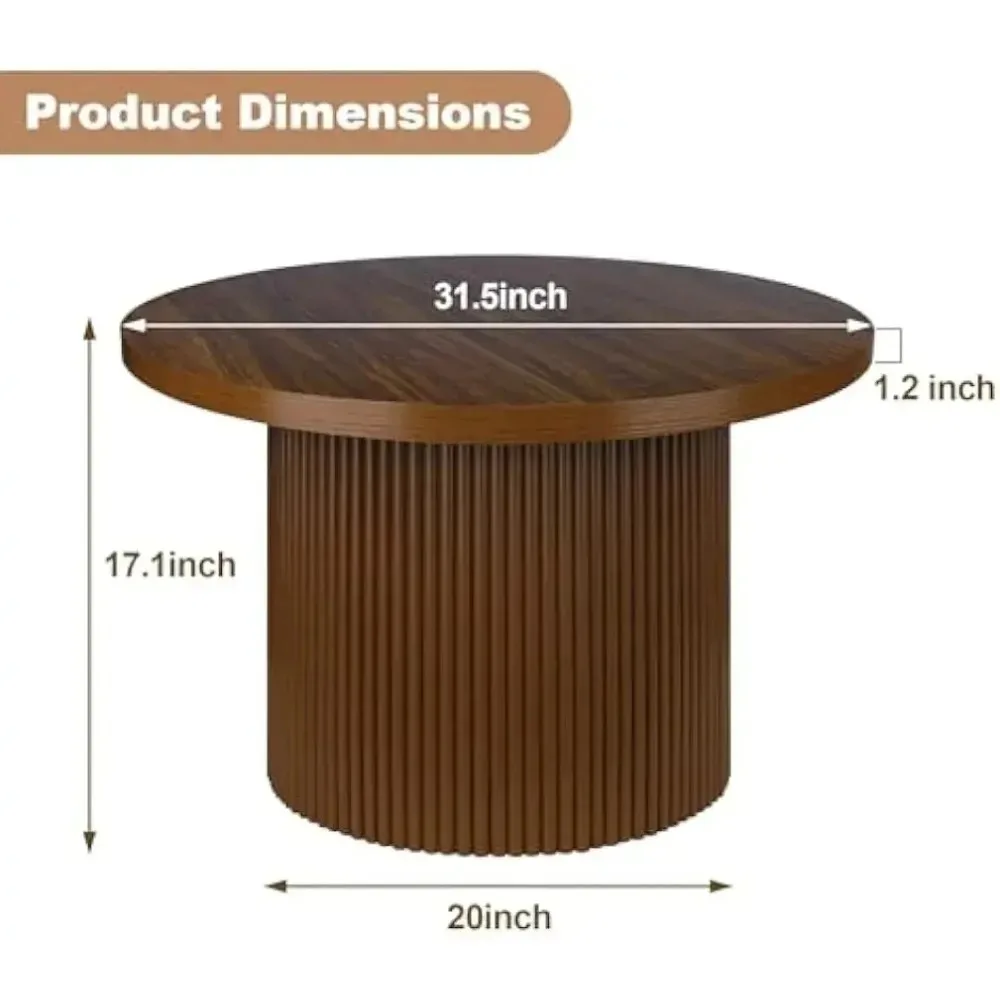 Round 31.5“ Unique Fluted Coffee Table,Small Brown Wood Tea Table,Mid Century Modern Boho Circle Rustic Center Table for Living