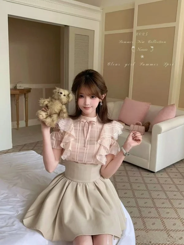 Sweet Anti-Aging Summer Japanese Sle Set round Ne Design  Knot Slim Fit Top High Waist ort Skirt Two Piece Set