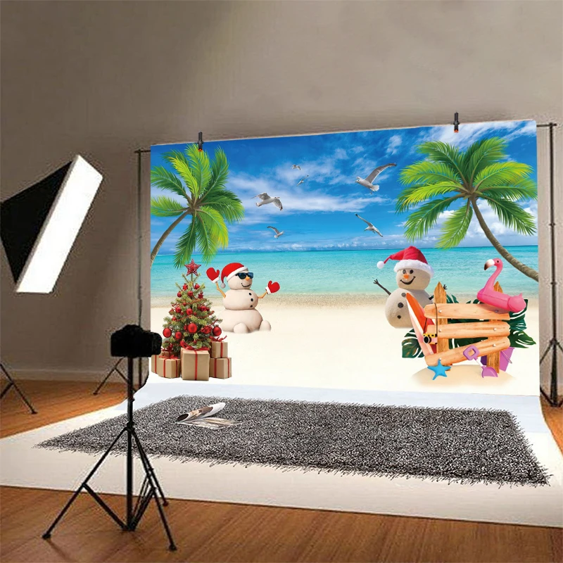 Hawaiian Christmas Banner Backdrop Beach Scene Wall Decoration Snowman Santa Hat Seaside Holiday Photo Background Photography