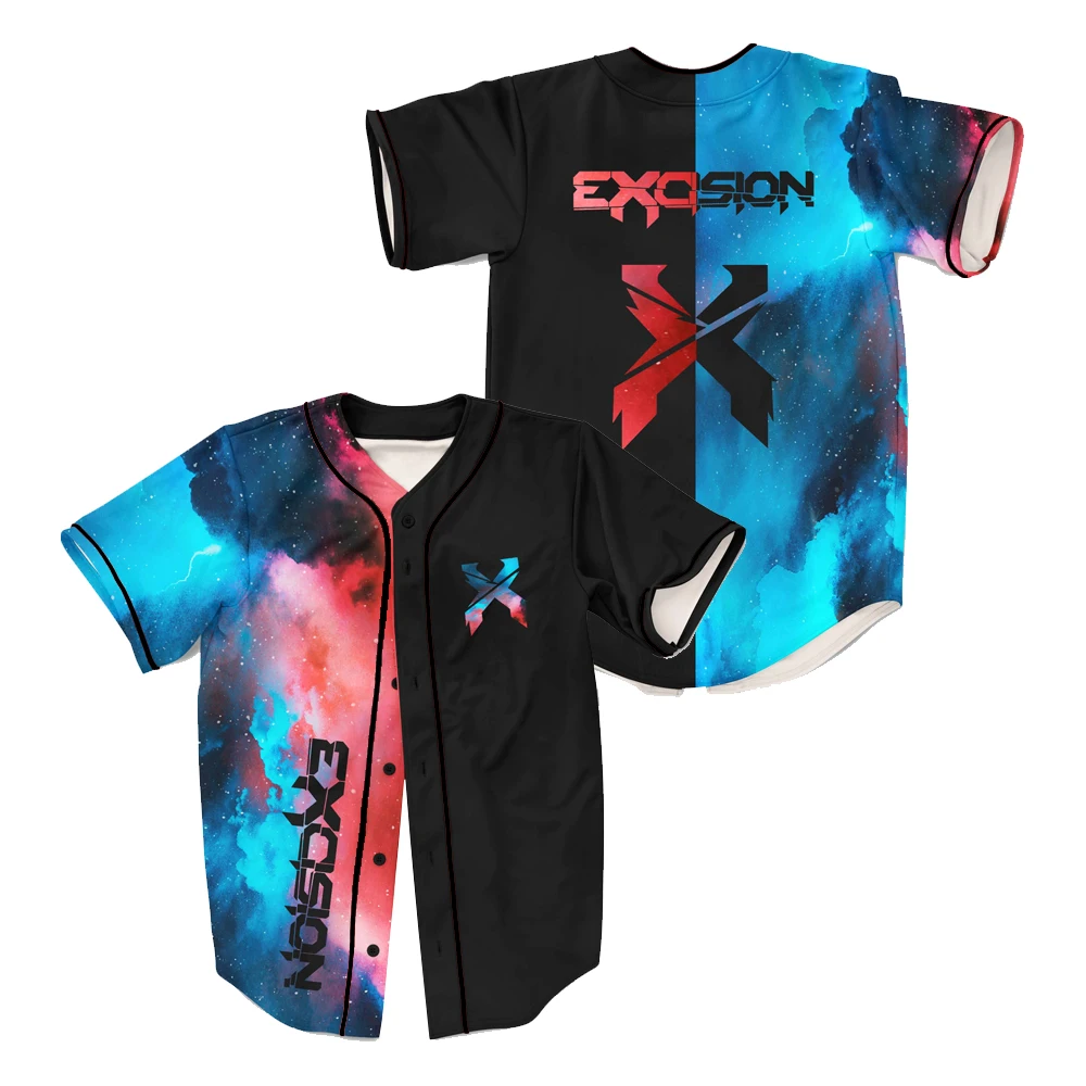 

Excision Red and Blue Galactic Split Rave Jersey For EDM Festivals V-Neck Short Sleeve Shirts Women Men Hip Hop Streetwear