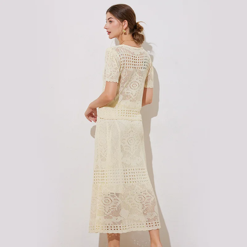 Summer Crochet Two-Piece Set for Women Elegant Short Sleeve V-Neck Cardigan and Hollow Out Knitted Maxi Skirt Casual Holiday