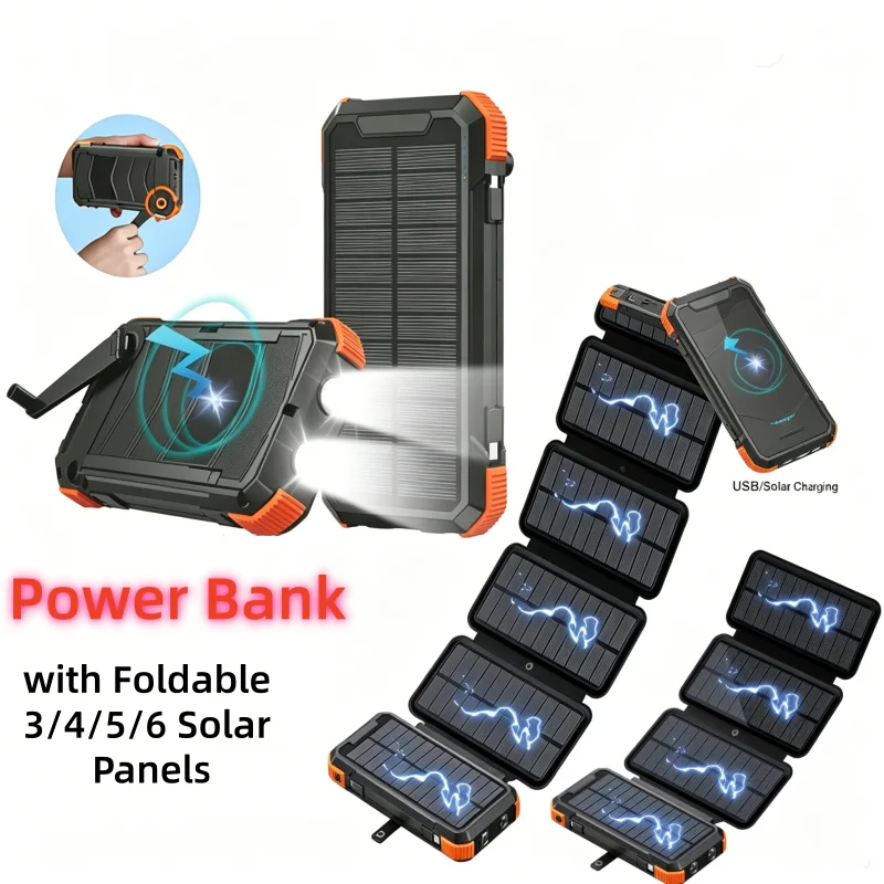 Hand Crank Solar Power Bank 20000mAh with 6 Solar Panel Wireless Charger for iPhone 17 16 Samsung Xiaomi Powerbank Spare Battery