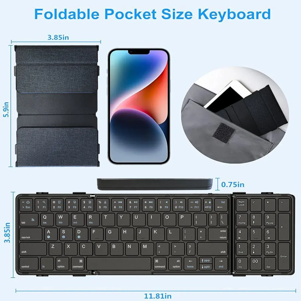 JOMAA Full Size Foldable Mobile Phone Keyboard with Numeric Keypad Rechargeable Portable Travel Bluetooth Keyboard