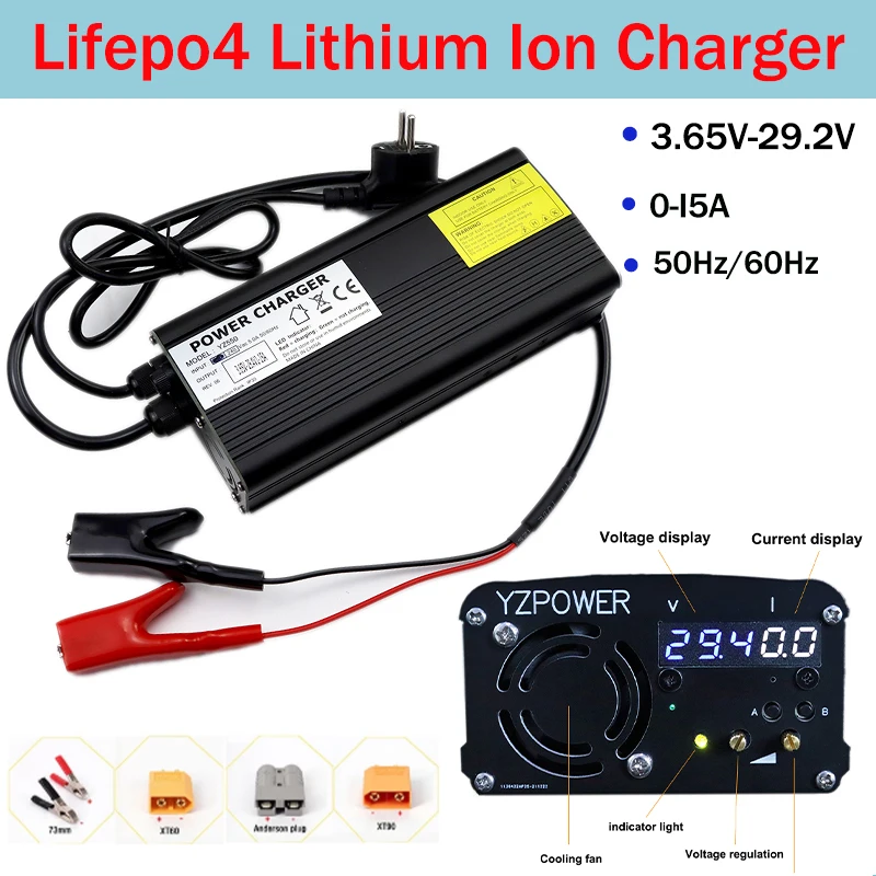 Adjustable Voltage and Current 3.65V 14.6V 29.2V 15A Lifepo4 Lithium Ion Charger with Display High-power Aluminum Shell Charger