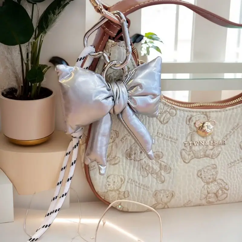 Y2K Inspired Candy Color Bow Keychain, Leather and Cotton Filled Bag Pendant