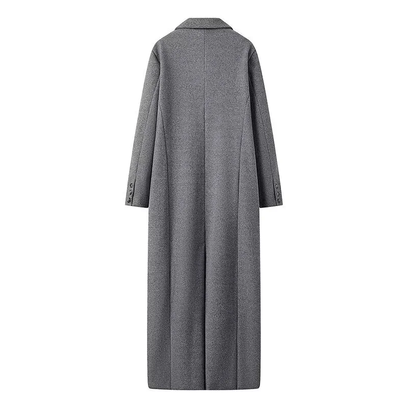 Women Fashion With Pockets Grey Double Breasted Trench Vintage Lapel Neck Long Sleeves Female Chic Lady Outfits
