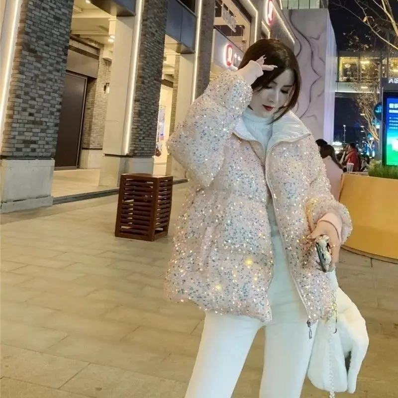 

European Fashion Winter New Women's Down Cotton Jacket Windproof Stand Collar Commuting Warm Sequin Jacket