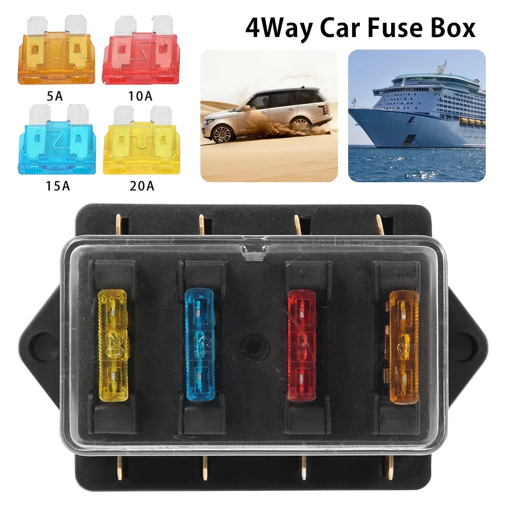 4-Way Fuse Block Car Fuse Block Blades Waterproof Fuse Box Holder with 4 Fuse Blades and Transparent Cover for Automotive Car