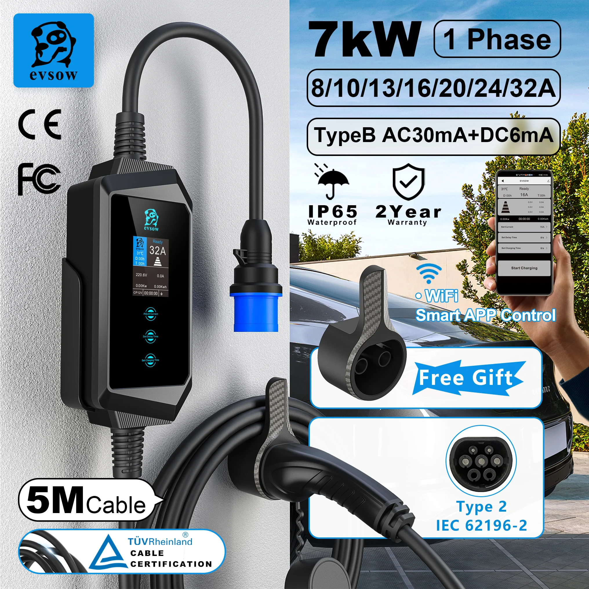

evsow 7kW Portable EV Charger Type2 Type1 Electric Car Charger For Tesla With WIFI APP Control Adjust Current&Set Charging Time