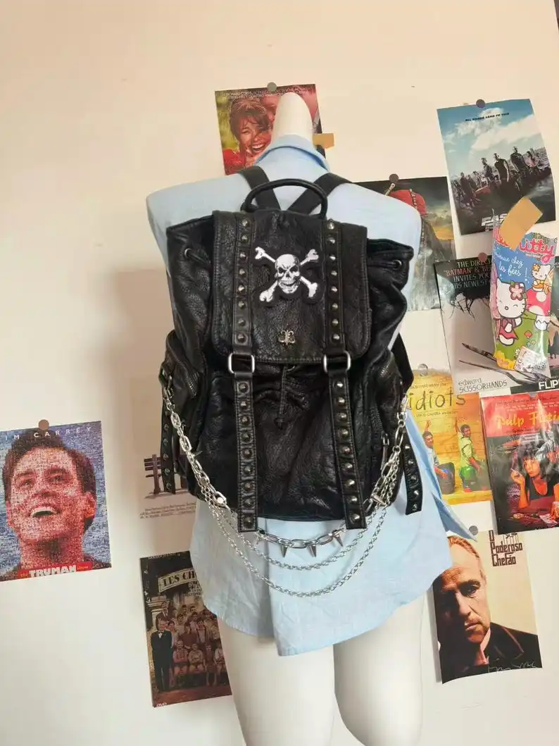 Large Capacity Unisex Soft Leather Backpack 15inch Laptop School Bag Goth Skull Chain Daily Black Backpack