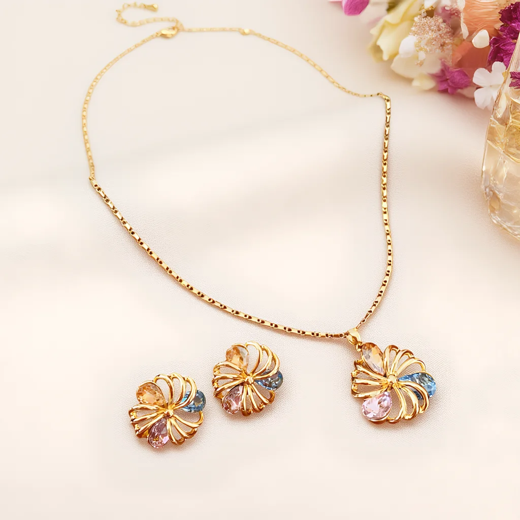 

3pcs Elegant Vintage Jewelry Set Forcolorful Flowers Necklace Shiny Crystal Choker Bridal Wedding Earrings Party