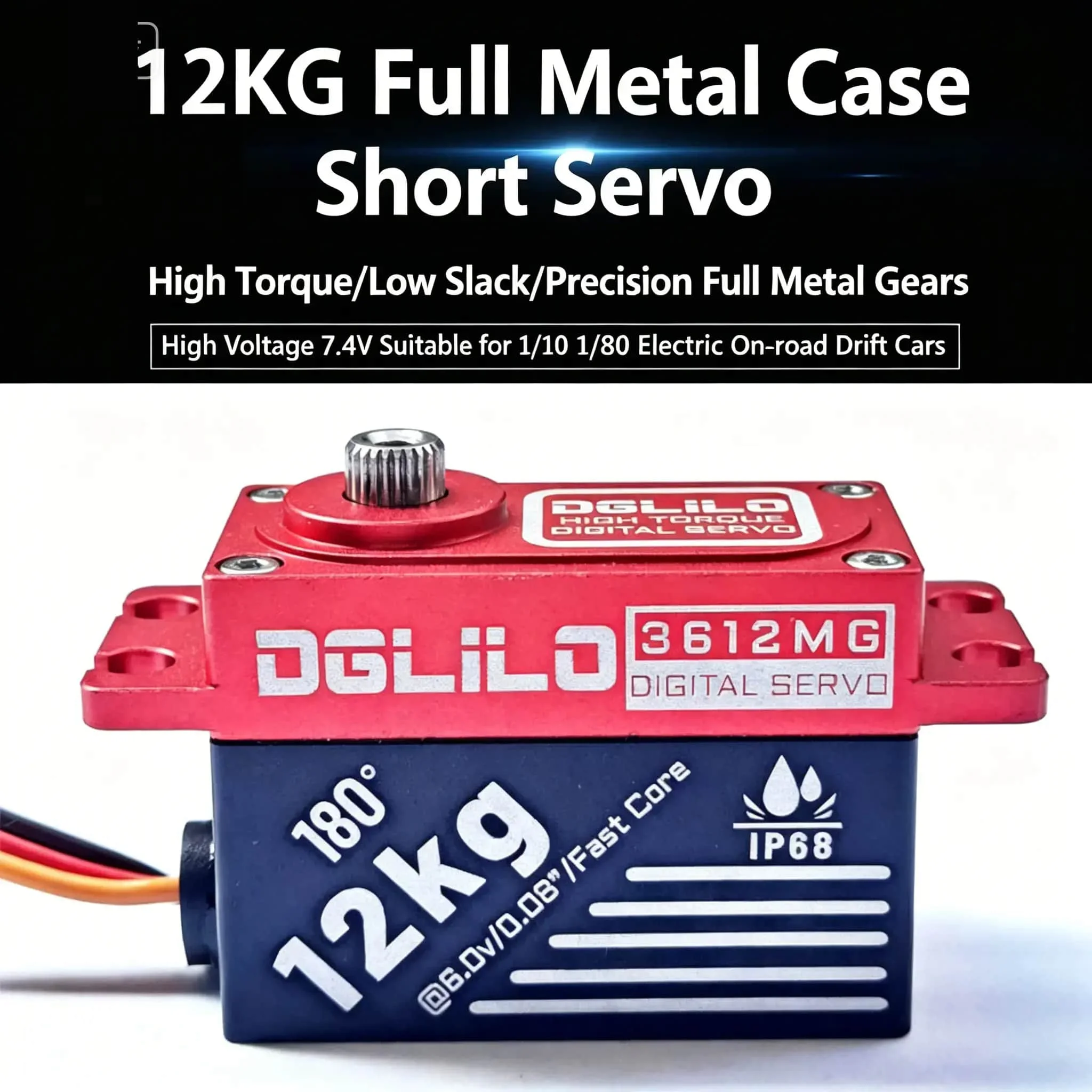 12KG High Torque Metal Gear Waterproof Digital Short Servo 7.4V HV 180° Low Profile Servo for 1/10 RC Drift Touring Car