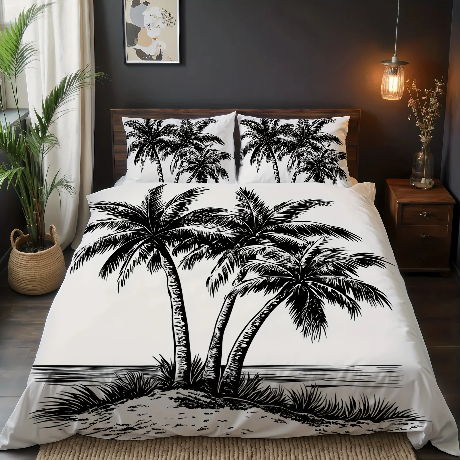 Zippered Duvet Cover Set, Flat Print Duvet Cover Set with Palm Tree Beach Style, Natural Theme Bedding Set (1 Duvet Cover + 2 Pillowcases), Suitable for All Seasons, Machine Washable, Invisible Zipper Design, Large Double Bed Cover Set, Suitable for Home, Dormitory, Master Bedroom, Guest Room, Bedroom Decor Bedding, Hot-Selling Fantasy Style Duvet Cover Set