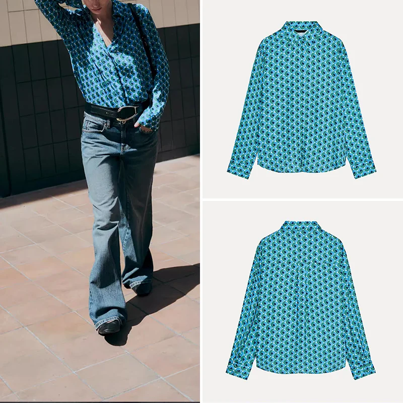 

Silk Satin Feel Geometric Print irt for Women Spring 2025 Loose Fit Long Sve Collared irt by Z Polyester Fiber 00%