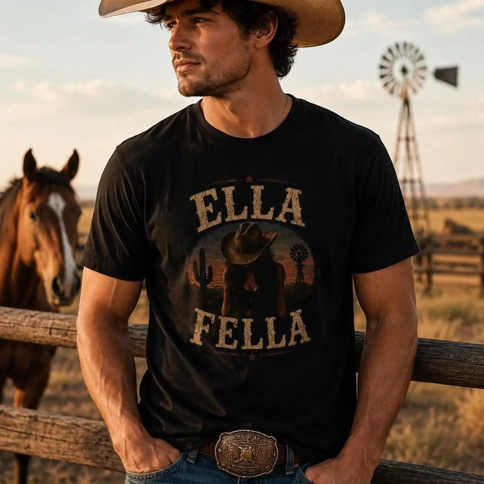 Ella Fella T Shirt Country Western Cowboy Girlfriend Rustic  vintage Washed streetwear Unisex Slightly homme
