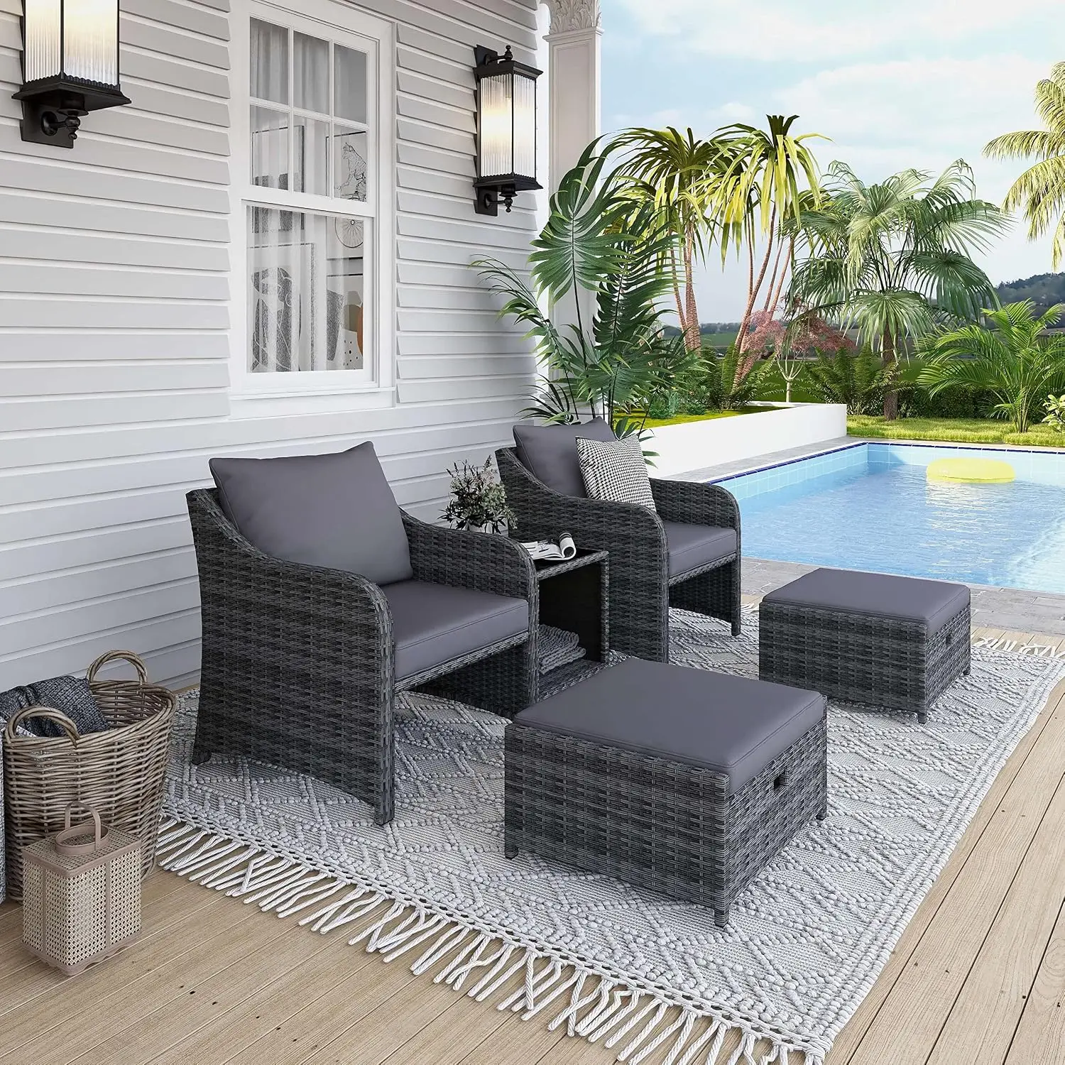 Wicker Patio Furniture Set, Cushioned Outdoor Chairs & Ottoman W/Table, All Weather PE Rattan For Lawn Pool, Grey, Customized