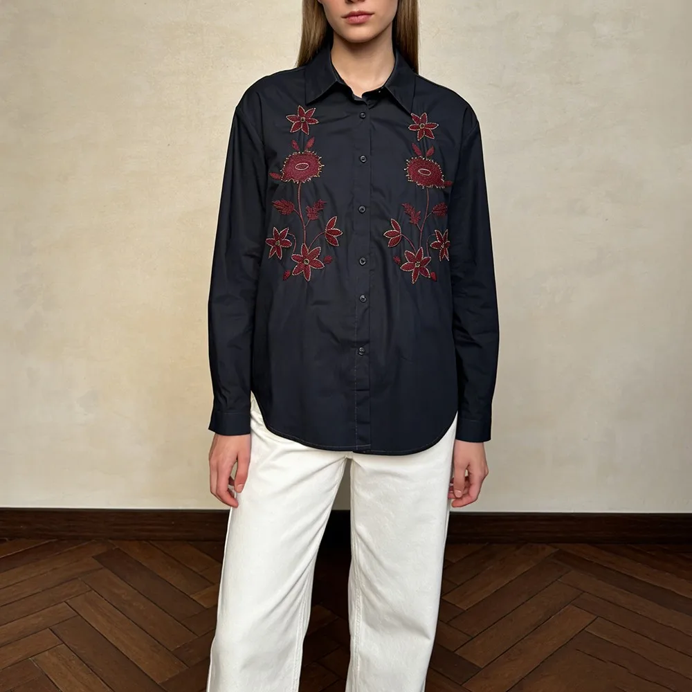 Twotwinstyle sólido emendado bordado básico camisa feminina lapela manga longa solta streetwear camisas femininas outono moda nova