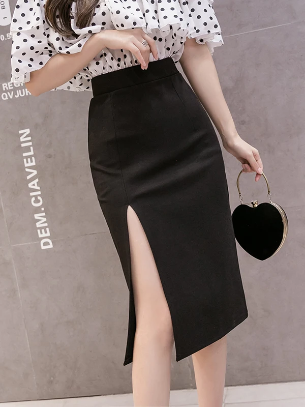 Summer High Waist Slit Midi Skirt Women's Business Commute Slimming Professional Skirt Casual High Waist Zipper Style