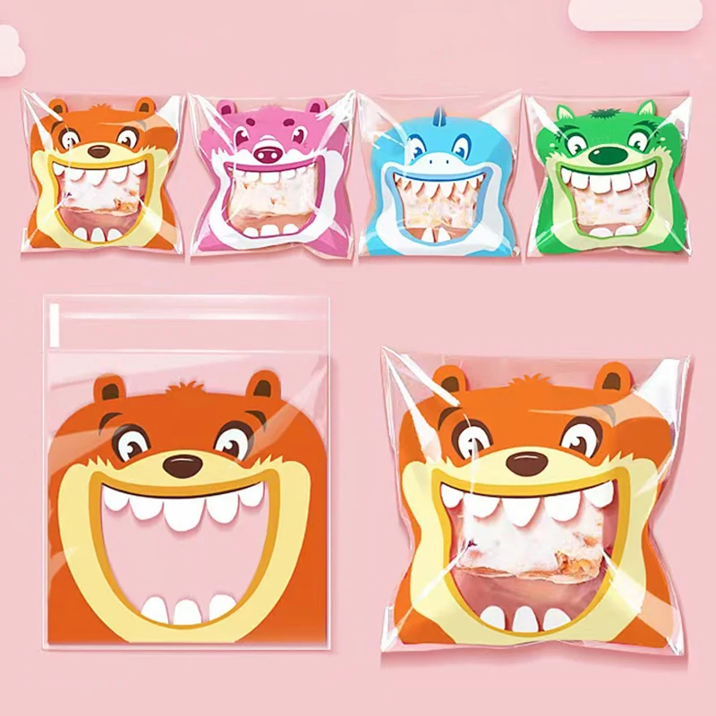 100pcs Cute Printing Opp Self-sealing Bag Lovely Animals Big Mouth Printed Gift Decorative Bags For Birthday Wedding Party Decor