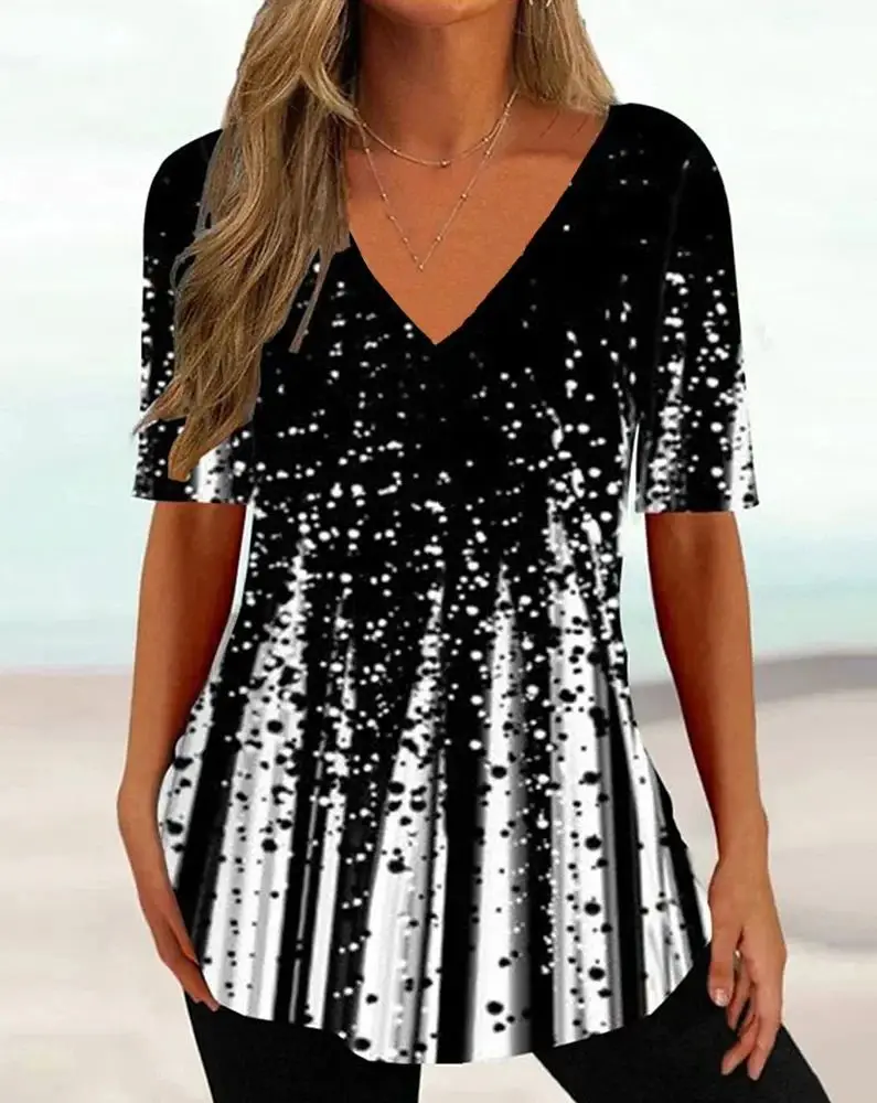 T-shirt V-Ne pour femmes, Simple, courbe ondulée 3D, haut d'été, coupe confortable, équipe de base, Ne ort Sve