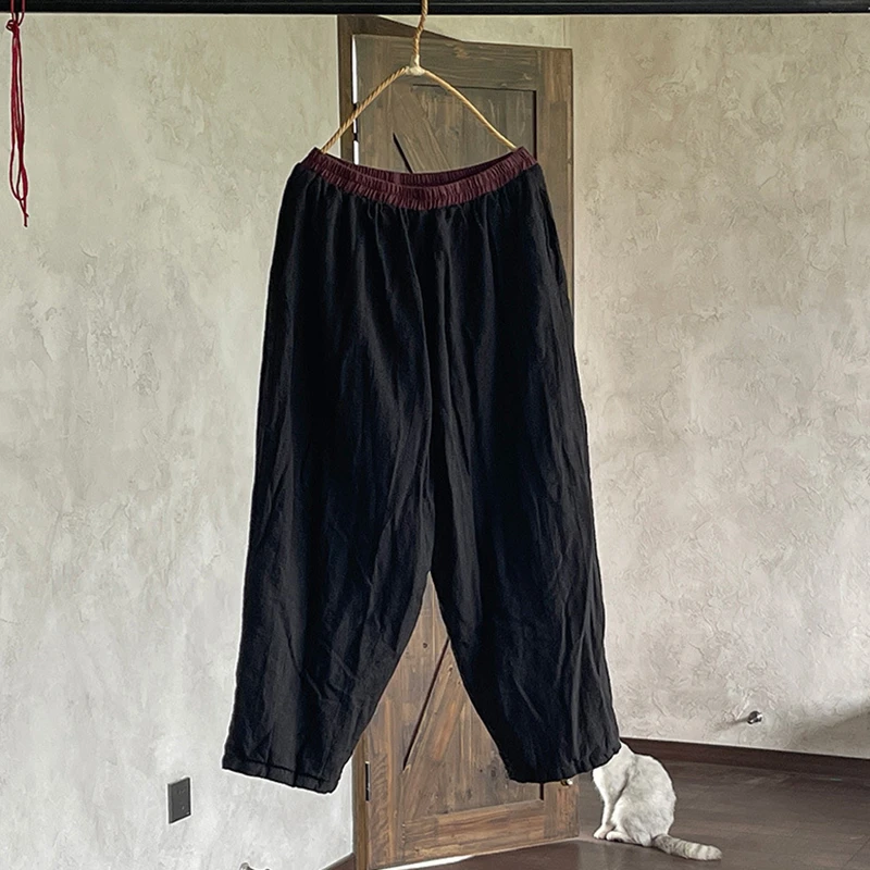 Women Cotton Linen Casual Pants New 2025 Spring Vintage Style Plain Color Loose Comfortable Female Thick Harem Pants M921