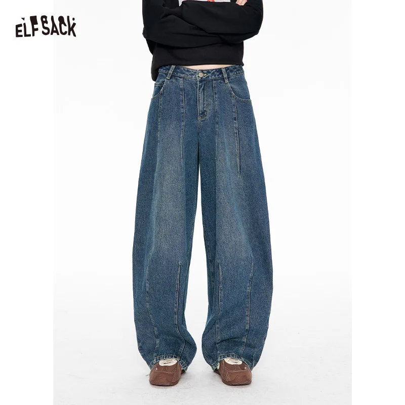 ELFSACK Women's Loose Blue Denim Pants with Decorative Pockets, Wide Leg Casual Jeans for Everyday, Retro Streetwear Bottoms