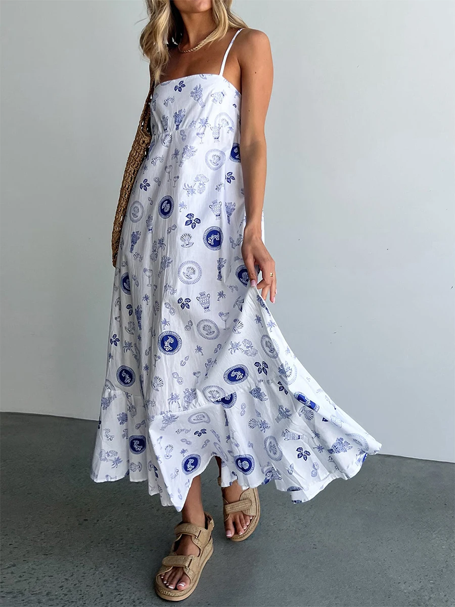 Women s Boho Floral Print Maxi Dress Sleeveless Spaghetti Strap Smocked Back Beach Dress Summer Sundress