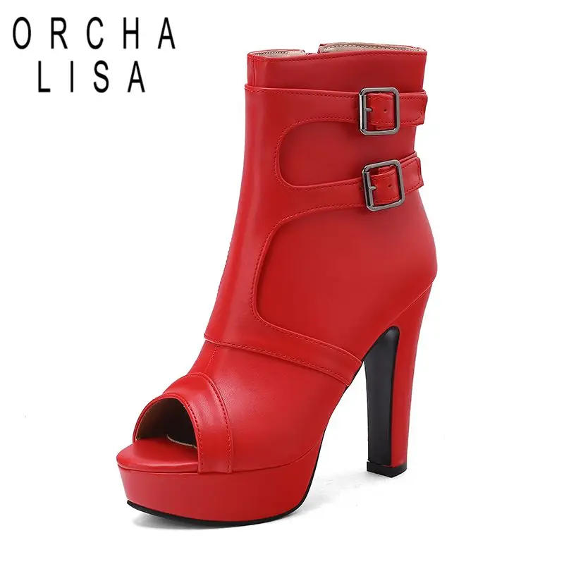

ORCHA LISA Yellow Sexy Dating Sandals for Women Peep Toe 12cm Block Heel 3.5cm Platform Zipper Belt Buckles Plus Size 48 49 50