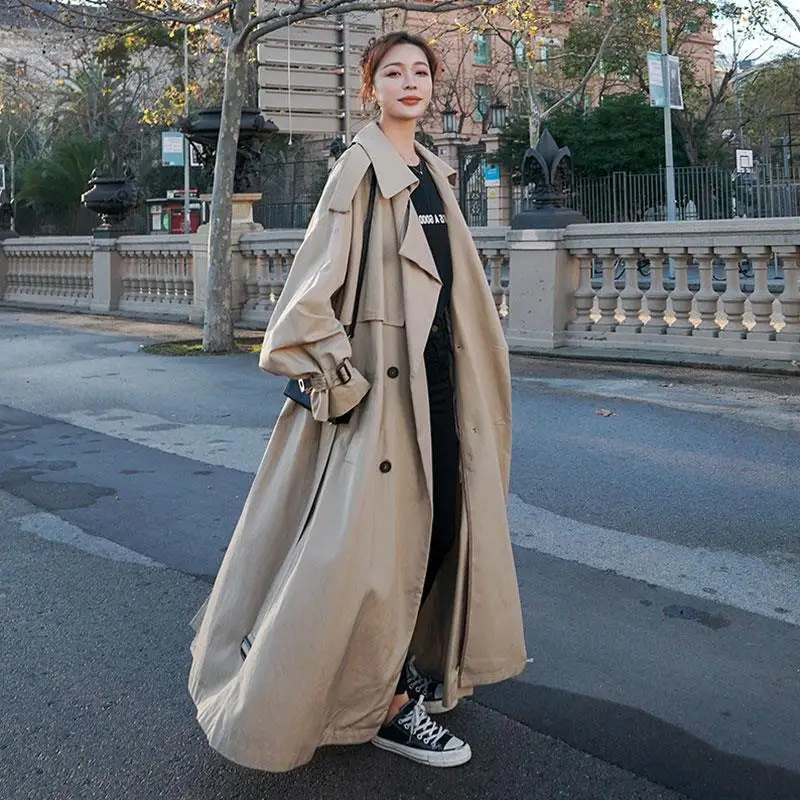 

2025 New Women's Extra Long Trench Coat Ankle Length Over the Knee Spring Autumn Korean Loose Style for Tall Ladies